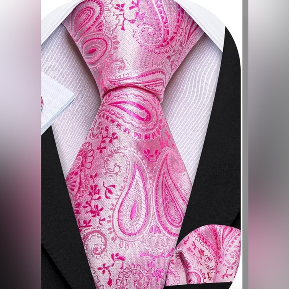Silk paisley print pink tie and pocket square.